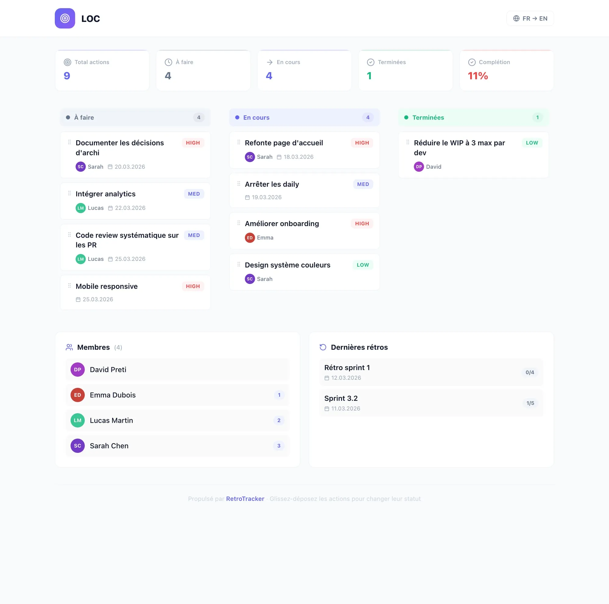 Page publique partageable avec kanban et KPIs